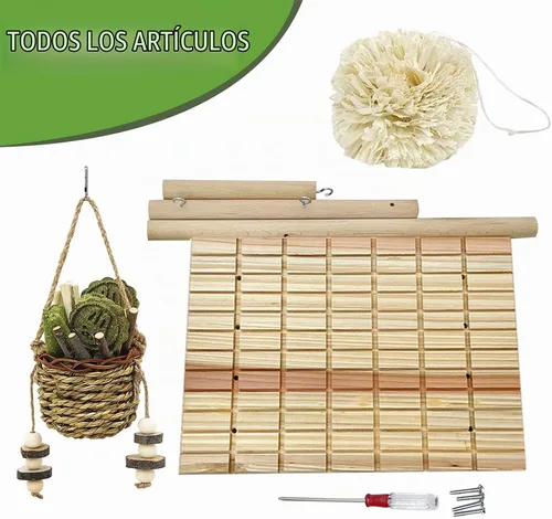 Vista 6 de kathson Juguetes masticables para conejos para moler dientes, tablero de rascado de madera para conejos con almohadillas para las patas, plataforma