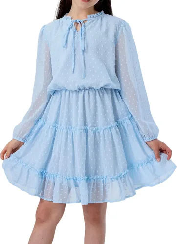 Vista 3 de DONWEN Vestido de punto suizo para niña, manga larga, vestido de gasa fluido, vestido de primavera y verano, con lazo frontal, vestidos casuales
