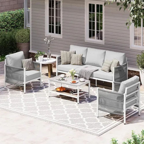 Vista 20 de Sofá de dos plazas de aluminio para patio exterior, sofá de patio de cuerda HDPE con cojín grueso lavable, muebles de patio para todo tipo de clima