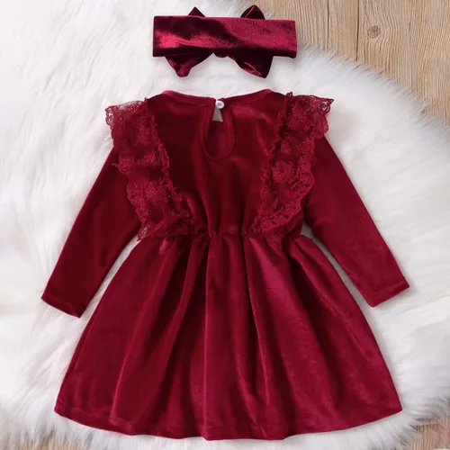 Vista 3 de IMEKIS Vestido de terciopelo de Navidad para niñas pequeñas, vestido de fiesta para bebés, otoño, invierno, volantes, manga larga, vestido de noche