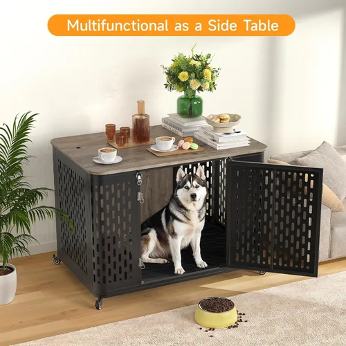 Vista 5 de ONBRILL Mueble resistente para perros grandes y medianos, jaula grande para perros con tapa abatible, cojín y ruedas, jaula para mascotas a prueba
