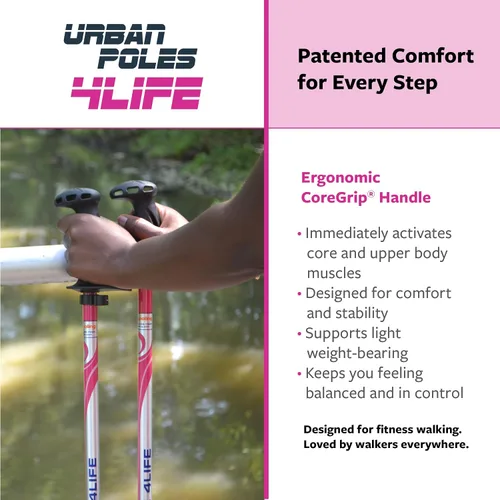 Vista 6 de Urban Poling 4LIFE - Bastones urbanos – 1 par – Edición fitness – CoreGrip ergonómico patentado para estabilidad – Ajustable, plegable, ligero