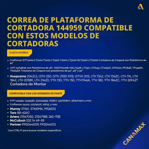 Vista 6 de Canamax 144959 - Cinturón de cubierta de cortacésped – Cable de aramida de 1/2 pulgadas x 95 pulgadas – para cubierta Craftsman LT3000 DLT3000