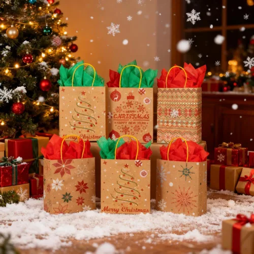 Vista 7 de 24 bolsas de regalo de papel kraft de Navidad con 24 papeles de seda, bolsas de dulces navideños de 7 x 8.6 x 3 pulgadas con asas, bolsas de dulces