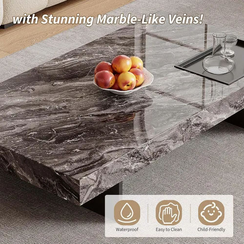Vista 4 de Mesa auxiliar rectangular de mármol de 51.18 pulgadas, parte superior de piedra sinterizada gris moderna con base de metal negro, mesa central