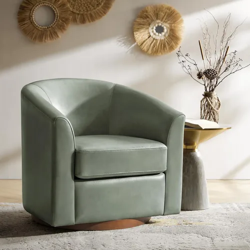 Vista 14 de HULALA HOME Silla giratoria de cuero genuino con base de madera maciza Beige