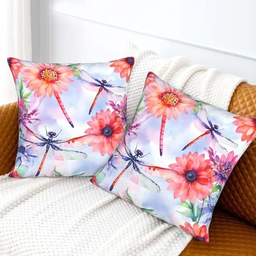 Vista 6 de Juego de 2 fundas de almohada de primavera y verano, diseño de libélula y flor, fundas para sofá, oficina, dormitorio, decoración del hogar, 16 x 16
