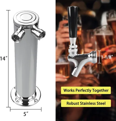 Vista 3 de PERA Torre de cerveza de doble grifo, dispensador de barril de cerveza de acero inoxidable de 3 pulgadas de diámetro con llave y línea de cerveza
