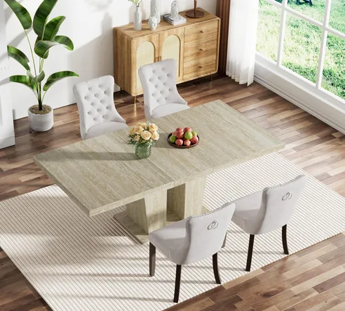 Vista 68 de Juego de mesa de comedor extensible marrón de 63 a 78.74 pulgadas para 4, juego de mesa de comedor de 5 piezas con 4 sillas, mesa de cocina