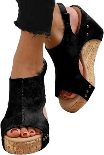 Vista 6 de Yimin Sandalias de cuña bohemias, sandalias de tacón de cuña con punta abierta, de piel sintética, con remaches, para mujer, parte inferior de goma