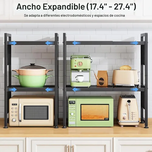 Vista 2 de Estante para horno de microondas expandible, estante de horno de microondas resistente de 3 niveles ajustable con 8 ganchos y 2 soportes, estante