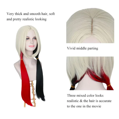 Vista 3 de M MISS U HAIR Missuhair - Peluca larga y lacia color rubio rojo y negro para mujer payaso Halloween cosplay