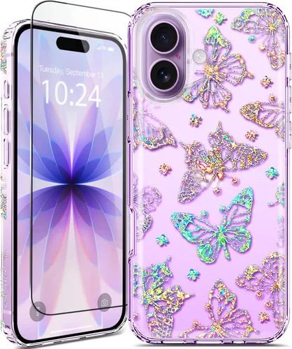 Vista 22 de Funda para iPhone 16, con protector de pantalla, linda para mujeres y niñas, funda protectora de grado militar de 10 pies para iPhone 16, funda
