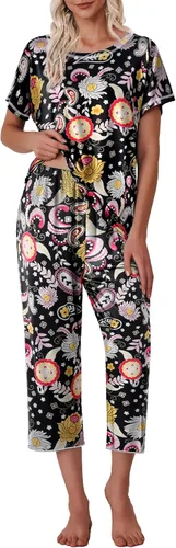 Vista 3 de Ekouaer Paquete de 2 pijamas de manga corta para mujer, ropa de dormir y pantalones capri, conjuntos de pijama estampados con bolsillos S-XXL
