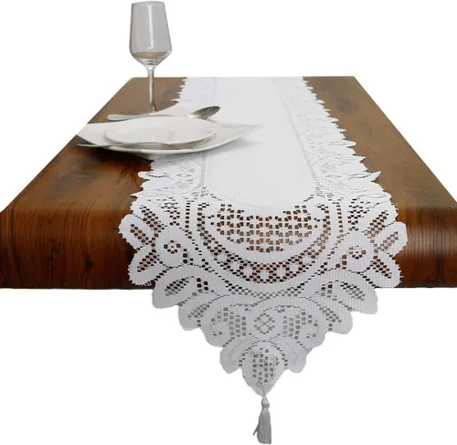 Vista 4 de rockcloud Camino de mesa de encaje para decoración de banquetes de boda, decoración de mesa de fiesta de Navidad, blanco, 13 x 70 pulgadas White E