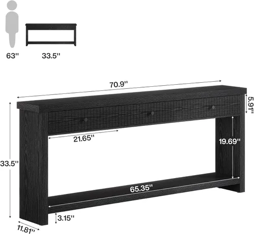 Vista 2 de Tribesigns Mesa consola de sofá de 70.9 pulgadas con 3 cajones, mesa de entrada extra larga con estantes de almacenamiento abiertos, mesa de sofá