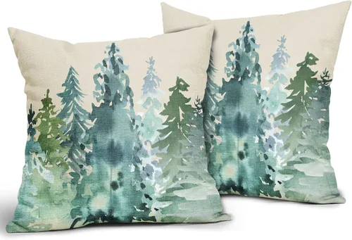 Vista 2 de Juego de 2 fundas de almohada de árbol de acuarela de invierno de 16 x 16 pulgadas, color azul y verde, estilo rústico, estampado de bosque natural