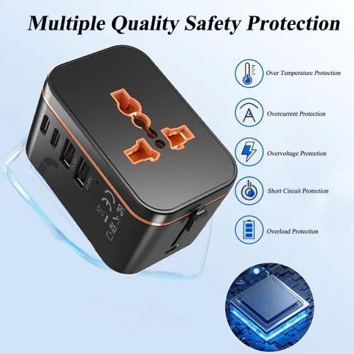 Vista 5 de Adaptador de corriente universal de viaje, adaptador de carga rápida PD de 20 W, convertidor de enchufe de viaje internacional con 2 puertos USB A