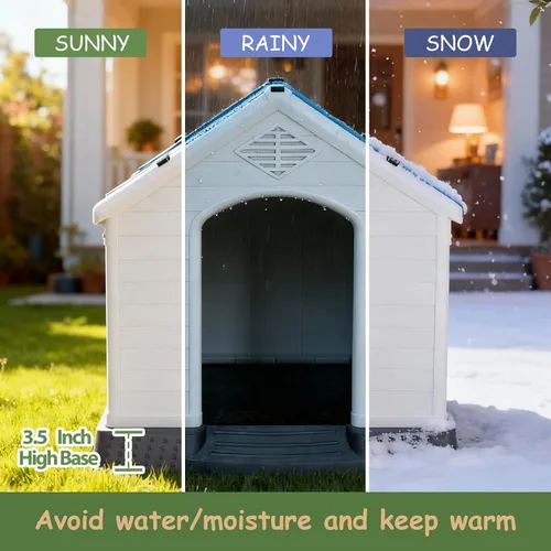 Vista 7 de Casa Grande de Plástico para Perros, Caseta para Perros Exterior Impermeable Doghouse Casas para Perros, Refugio para Cachorros Piso Elevado