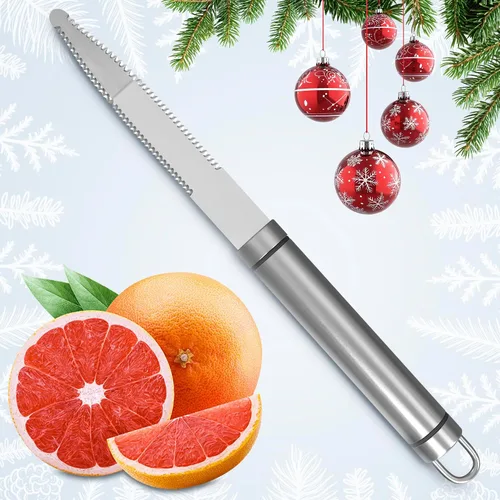 Vista 2 de Cuchillo de toronja con doble hoja dentada curva, cortador y pelador de frutas cítricas de acero inoxidable con mango ergonómico, apto