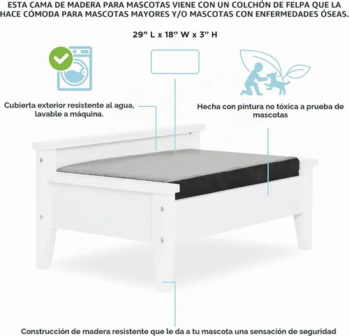 Vista 3 de Cama de madera para perro con colchón resistente al agua, cama elevada para mascotas pequeña a mediana con colchón calmante para mascotas
