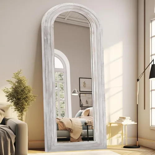 Vista 9 de ZHUNFA Espejo externo arqueado de tres capas de longitud completa con marco de madera maciza, espejo de pie moderno de 65 x 22 pulgadas, decoración