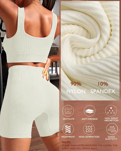 Vista 2 de AURUZA Conjunto de traje de entrenamiento para mujer, 2 piezas, leggings de cintura alta acanalados sin costuras con brasier deportivo, conjuntos