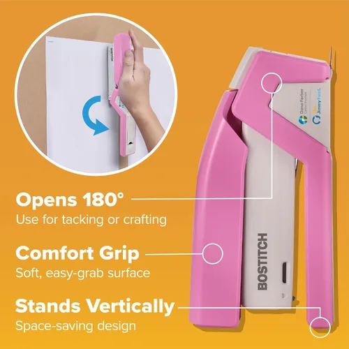 Vista 7 de Bostitch Office InCourage - Engrapadora compacta con resorte, 3 en 1, plástico, media tira, capacidad para 20 hojas, BCA rosa (1588)