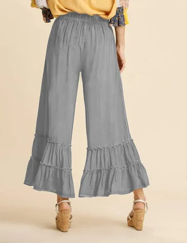 Vista 4 de Mundoven Pantalones de lino palazzo fluidos para mujer, elásticos, de cintura alta, pierna ancha, con volantes, holgados, pantalones de playa
