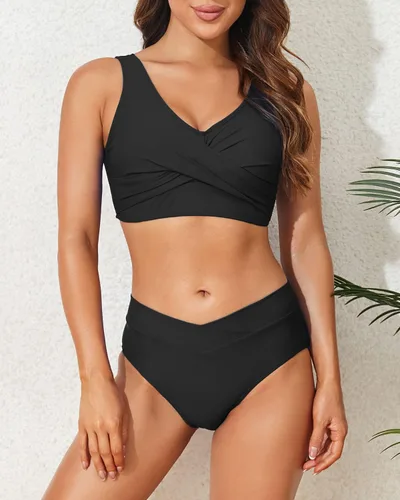 Vista 2 de Conjunto de bikini de cintura alta para mujer, traje de baño de dos piezas con lazo en la espalda