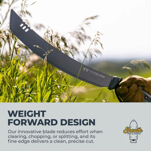 Vista 6 de Woodland Tools Machete resistente – Hoja curvada Parang de 16 pulgadas con espiga completa, mango ergonómico y funda de nailon balístico – Cortador