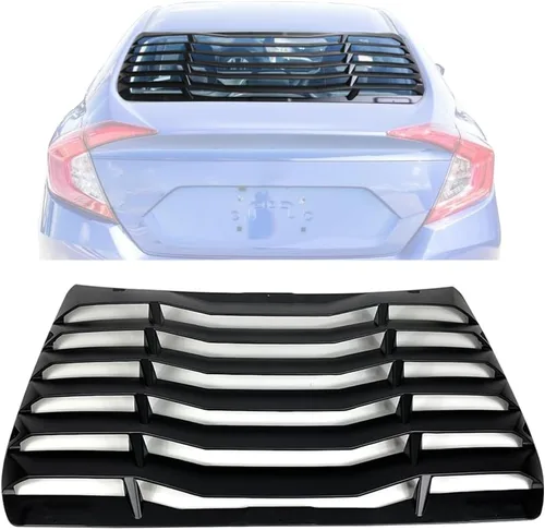 Vista 10 de IKON MOTORSPORTS, Rejillas de ventana trasera compatibles con Honda Civic Sedan 2016-2021, estilo IKON color negro brillante, cubierta solar ABS