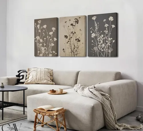 Vista 7 de 3 piezas de arte de pared de flores en tonos oscuros en lona vintage póster impreso pintura de flores silvestres oscuras en granja imagen botánica