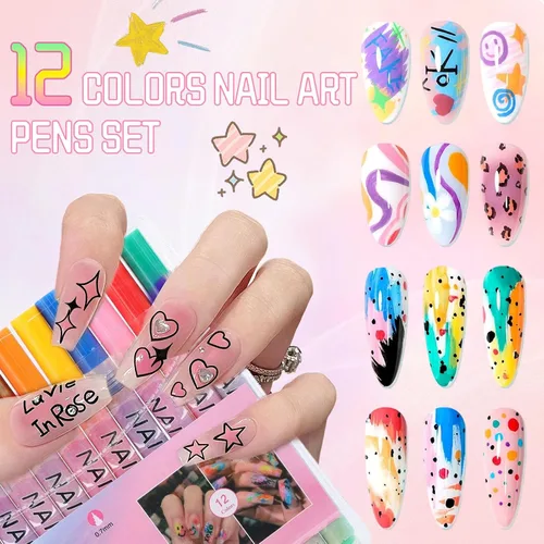 Vista 2 de Juego de bolígrafos de arte de uñas de 12 colores, bolígrafos de esmalte de uñas 3D, bolígrafos de arte de uñas para puntear, dibujar, pintura