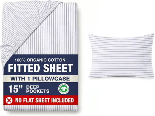 Vista 43 de LANE LINEN - Sábana bajera tamaño individual 100% algodón orgánico y 1 funda de almohada, tejido de percal suave, transpirable, apta para colchones