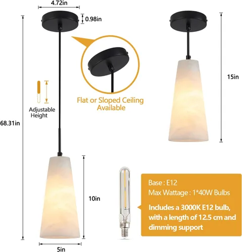 Vista 3 de Luces colgantes de alabastro natural, isla de cocina, pantalla cónica de mármol blanco, modernas lámparas de techo negras para mesa de comedor, sala