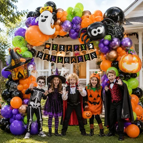Vista 5 de Tesochye 161pcs Halloween Balloon Garland Kit with Happy Halloween Banner Black Orange Green Purple