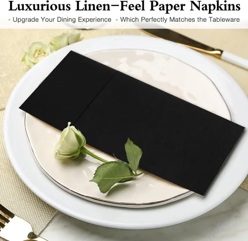 Vista 8 de Servilletas negras desechables con sensación de lino con bolsillo integrado para cubiertos, preplegadas para cuchillos y tenedores, servilletas