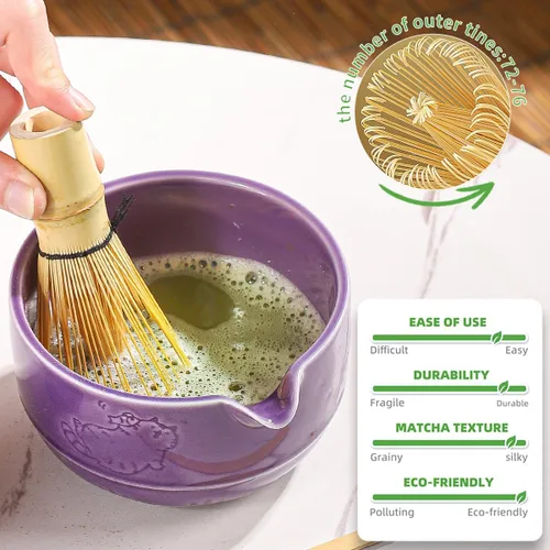Vista 9 de Juego de té matcha tradicional con batidor de bambú, cuenco y soporte de cerámica morado, estilo japonés de 3 piezas (púrpura)