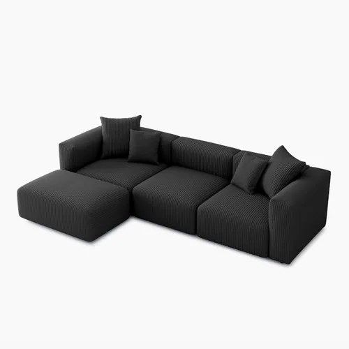 Vista 7 de Acanva Sofá modular convertible con otomana, en forma de L, negro Sofá de pana, marco de madera, combinación libre, sofá cama, para sala de estar