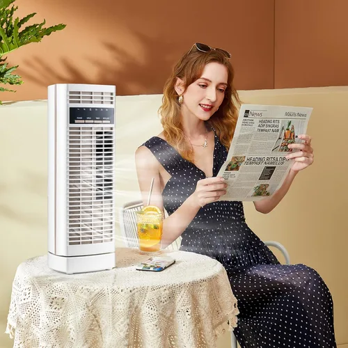 Vista 2 de Tangkula Ventilador de escritorio de 14 pulgadas, ventilador de torre pequeña oscilante de 90°, ventilador de mesa de enfriamiento silencioso