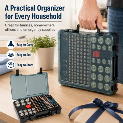 Vista 7 de Estuche Organizador y de Almacenamiento de Baterías con Probador. Caja Contenedor Portabaterias para más de 120 pilas AA AAA 9V C D, Litio CR2025