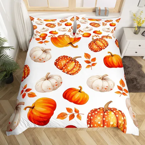 Vista 30 de Erosebridal Juego de funda de edredón individual de pavo de Acción de Gracias, juego de ropa de cama de calabaza y hojas de otoño para niños