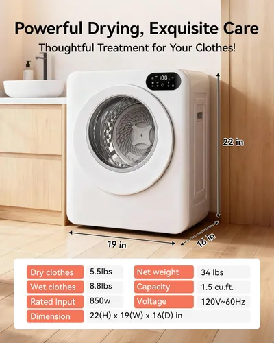 Vista 9 de Euhomy Secadora portátil de 1.5 pies cúbicos, secadora de ropa de 850 W con tambor de acero inoxidable, 4 funciones, panel de control LED, secadores