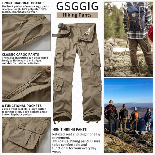 Vista 7 de GSGGIG Pantalones de senderismo para hombre, pantalones tácticos para hombre, ligeros, informales, Ripstop, para trabajo, con bolsillos