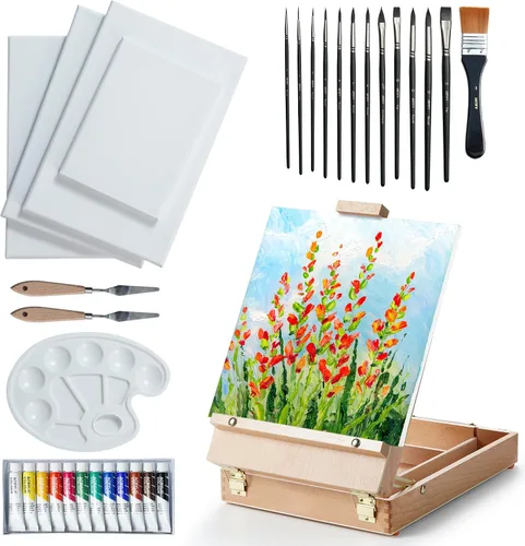 Vista 7 de ARTIFY Caballete de mesa ajustable de haya para pintar, caballete de caja de bocetos de madera, caballete de artista de escritorio para dibujar