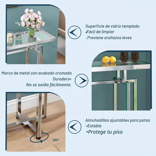 Vista 3 de ASYA Mesa consola de cristal para entrada, mesa de entrada moderna con vidrio templado y marco cromado, mesa de sofá plateada para sala de estar