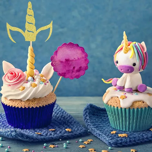 Vista 5 de 24 piezas de decoración de cupcakes de cuerno de unicornio para temática de unicornio, baby shower, cumpleaños, boda, compromiso, fiesta Cuerno