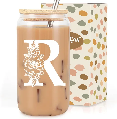 Vista 20 de Taza de Vidrio Inicial Coolife, Regalos Personalizados para Mujeres, Tazas de Vidrio de 16 oz con Tapas y Popotes, Taza para Café Helado, Licuado