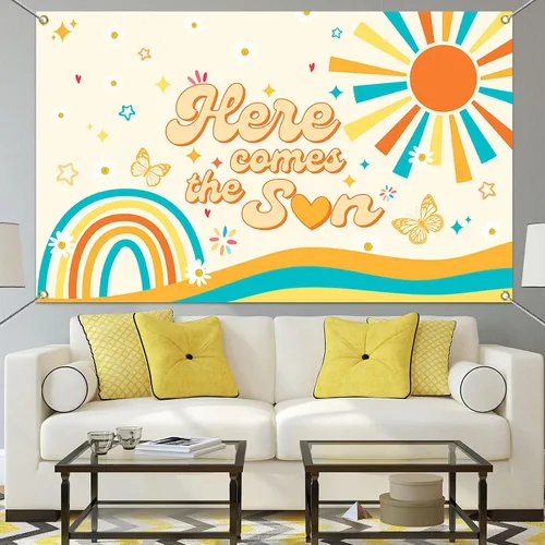 Vista 6 de Mocsicka Banner bohemio para baby shower con texto en inglés «Here Comes The Sun», decoración de fiesta de baby shower, para fotografía, decoración